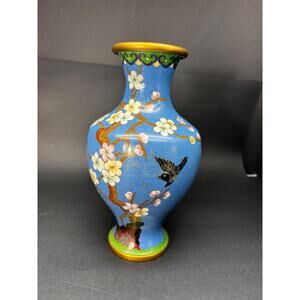 Vintage Chinese 8 1/4" BLUE CLOISONNE VASE Enamel Brass Cherry Blossom w/Bird